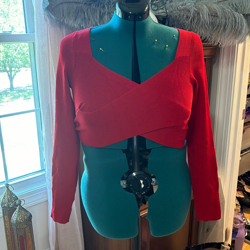 Red cropped faux wrap sweater